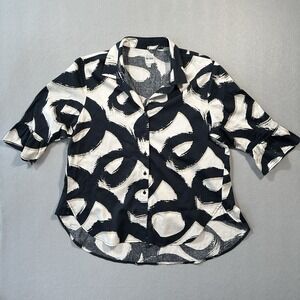 NIC+ZOE Womens XL Abstract Print Button Front Blouse Black Cream Cotton Stretch